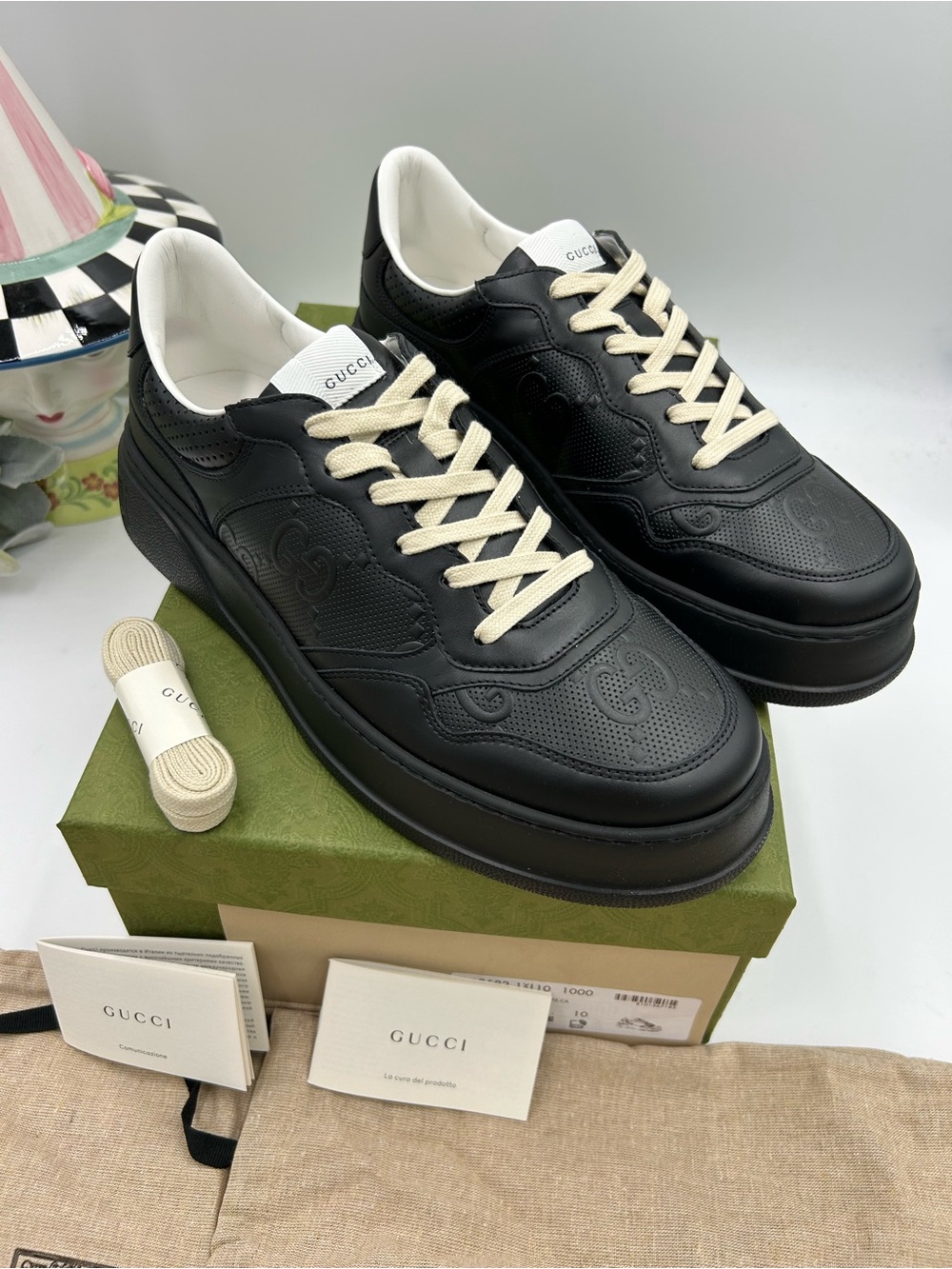 Men's Gucci GG embossed black leather sneakers size 10 fits 10.5 US made Italy - Picture 5 of 15